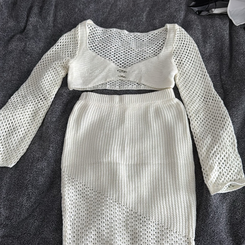 NEW White Knit 2 Piece Cropped long sleeve & Maxi Summer Skirt / Beach Coverup